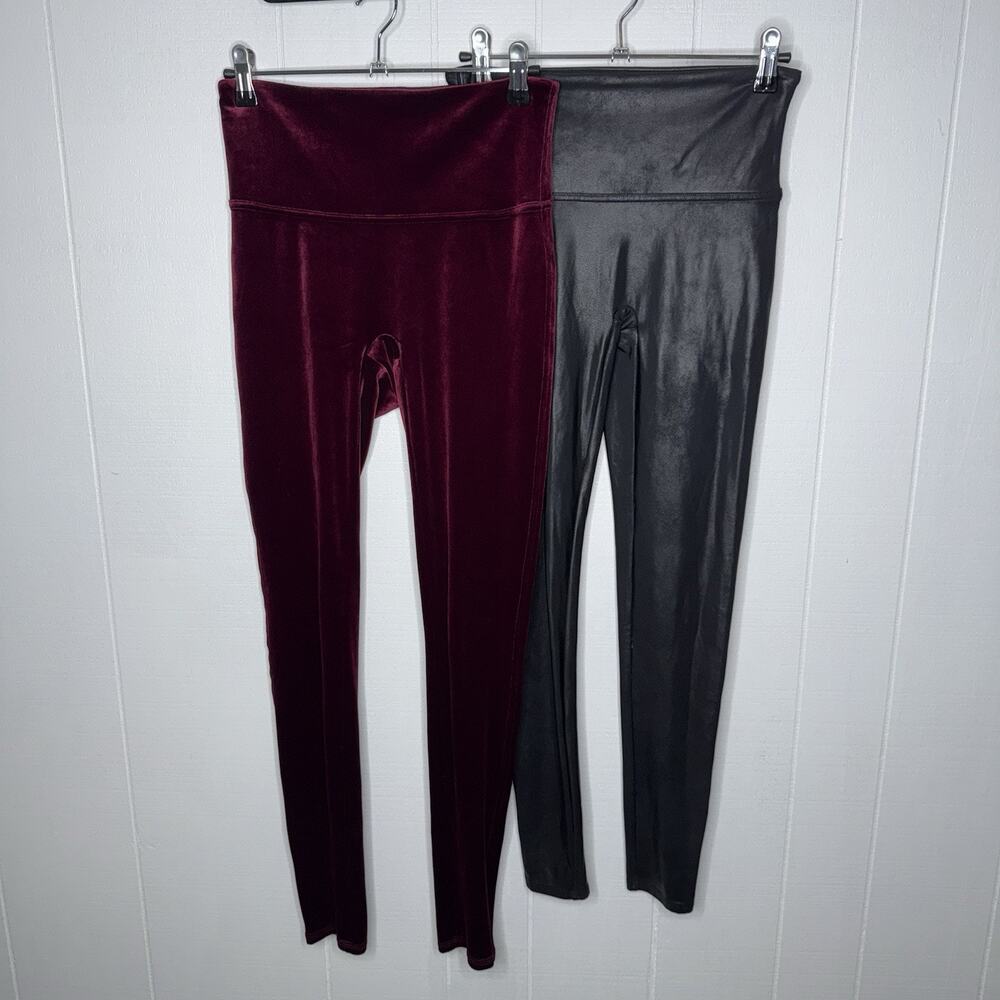 Spanx Women’s Lot Of 2 Leggings Burgundy Velvet Black Faux Leather Size M